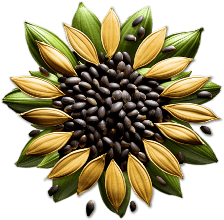 A sunflower with seeds and leaves on a black background.