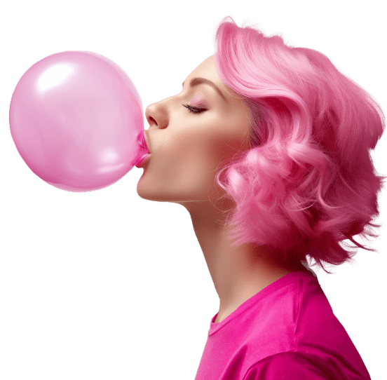 A woman blowing a pink bubble.