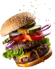 An image of a hamburger with lettuce, tomatoes and pickles.