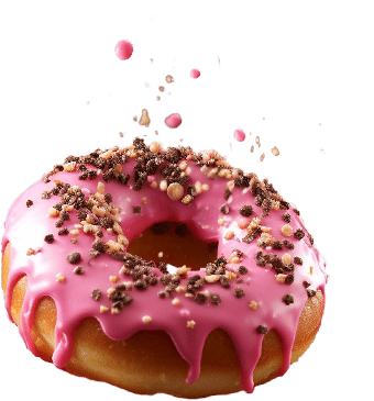 A pink donut with chocolate sprinkles and icing.
