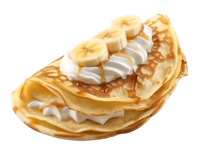 A stack of pancakes with whipped cream and banana slices.