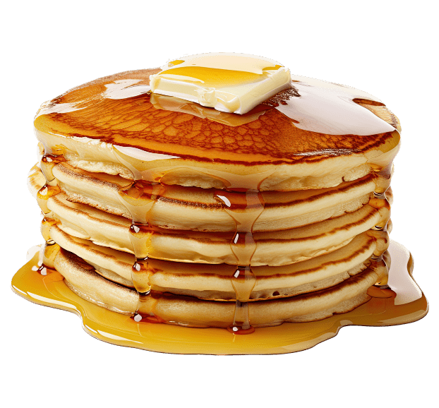 A stack of pancakes with butter and syrup.