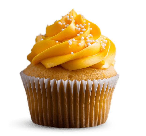 A cupcake with yellow frosting on a black background.