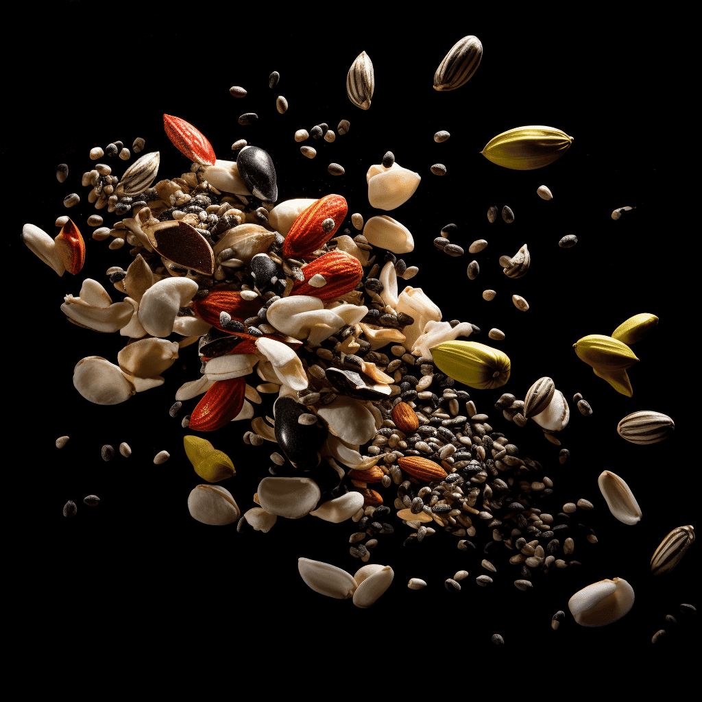 A variety of seeds and nuts on a black background.