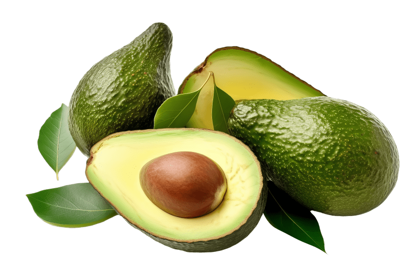 Avocados with leaves on a black background.