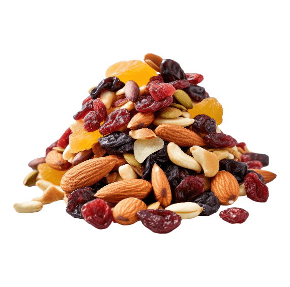 A pile of dried fruits and nuts on a black background.