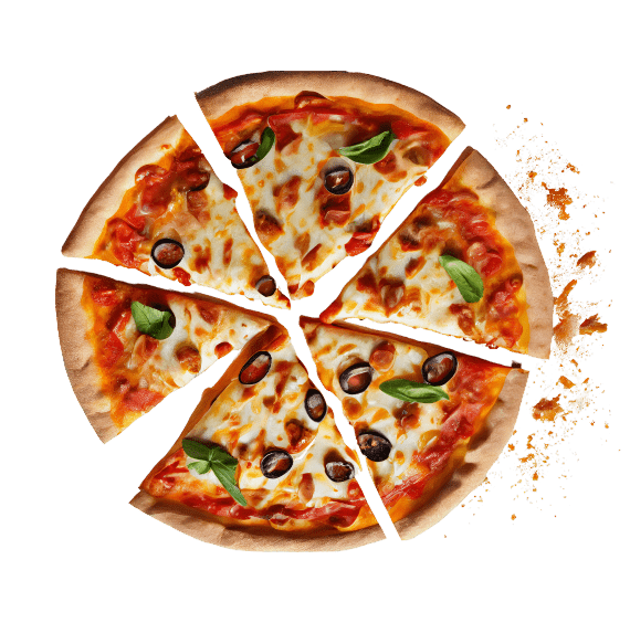 A slice of pizza on a black background.