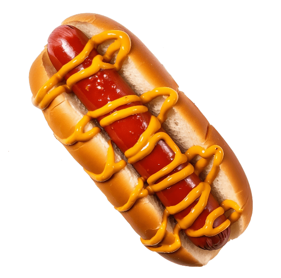 A hot dog with mustard and ketchup on a black background.