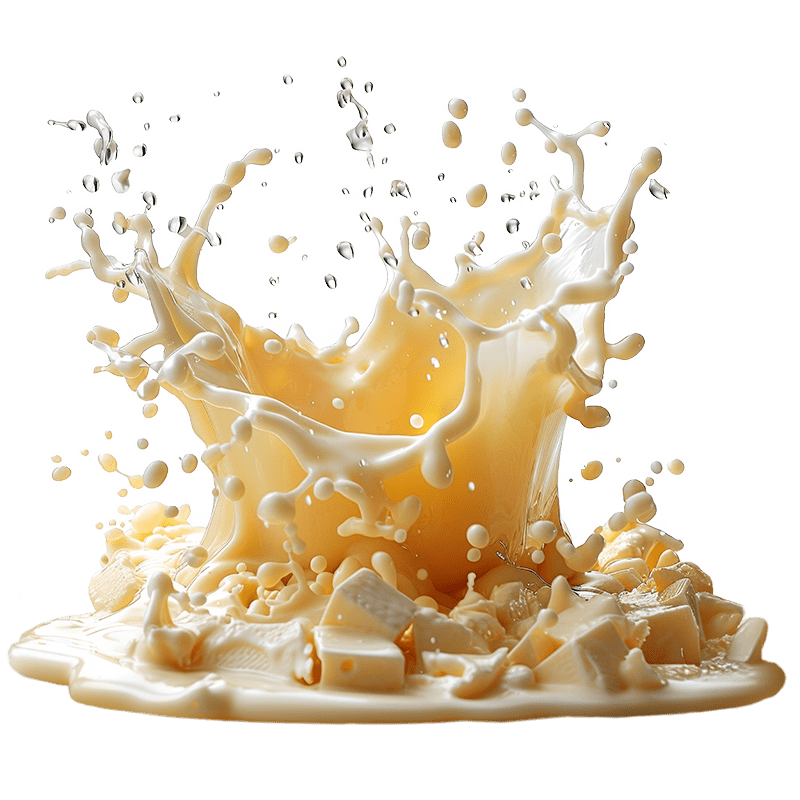 Dynamic splash of milk and pieces of white chocolate on a creamy background.