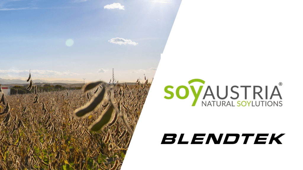 Soybean field with company logos for soy austria and blendtek.