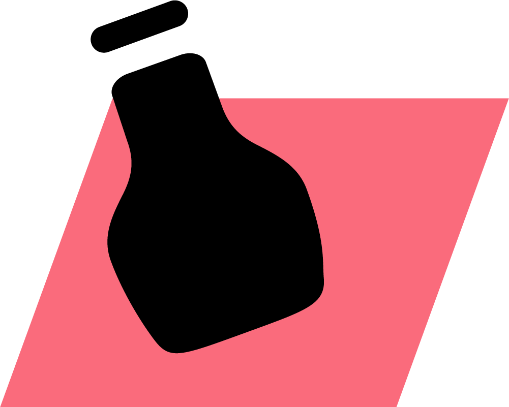 A pink and black logo with a hand holding a brush.
