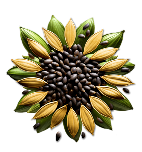 A sunflower with black and yellow seeds on a black background.
