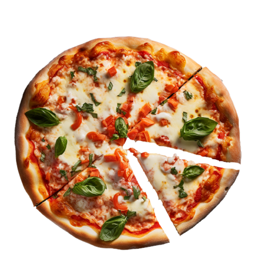 A pizza with tomato sauce and basil leaves on a white background.