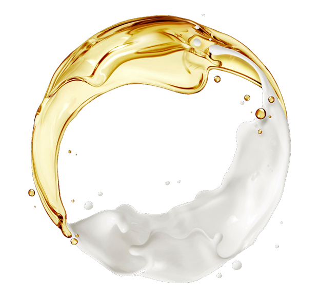 A gold and white circle with a splash of milk.