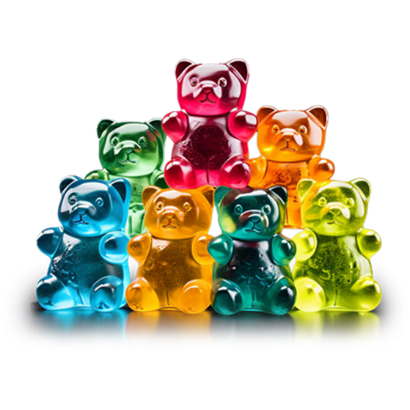 Gummy bears in a pyramid on a black background.