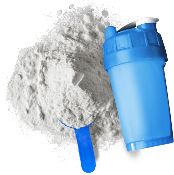 A white powder and a blue shaker on a white background.