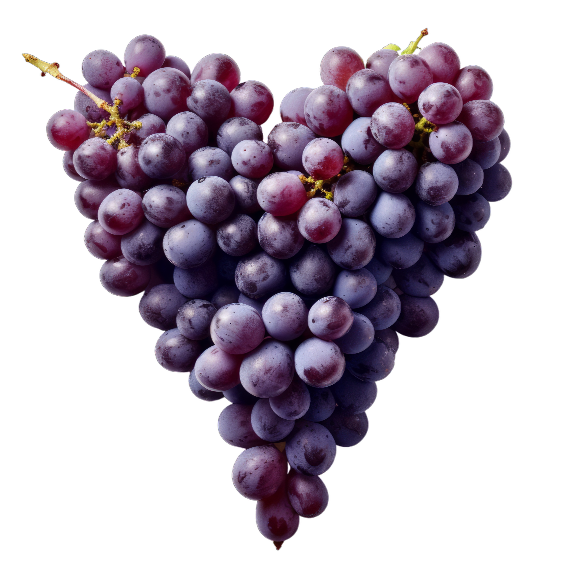 A bunch of grapes in the shape of a heart.